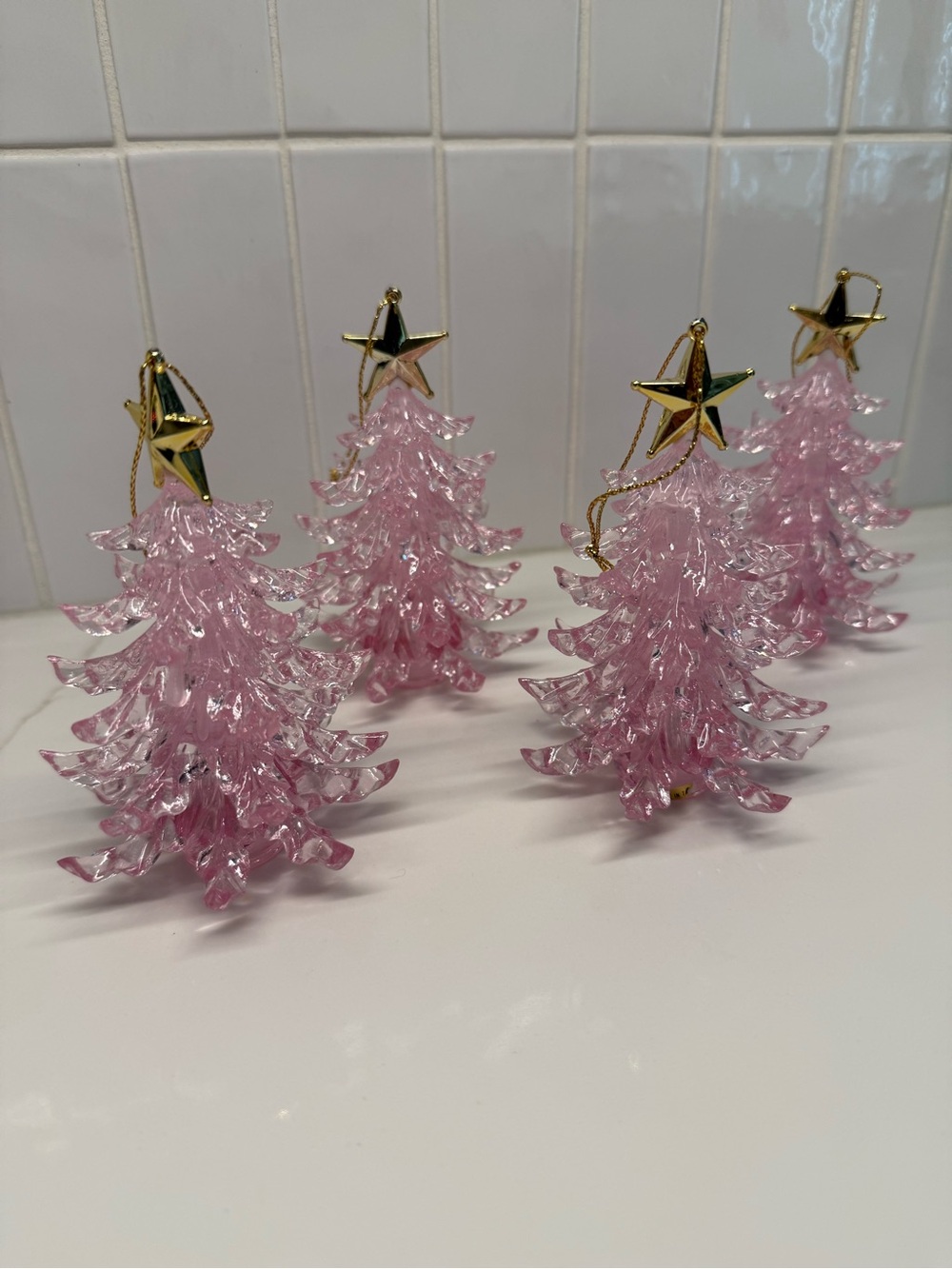 Vintage set Pink Acrylic Christmas Tree Ornaments with light insert